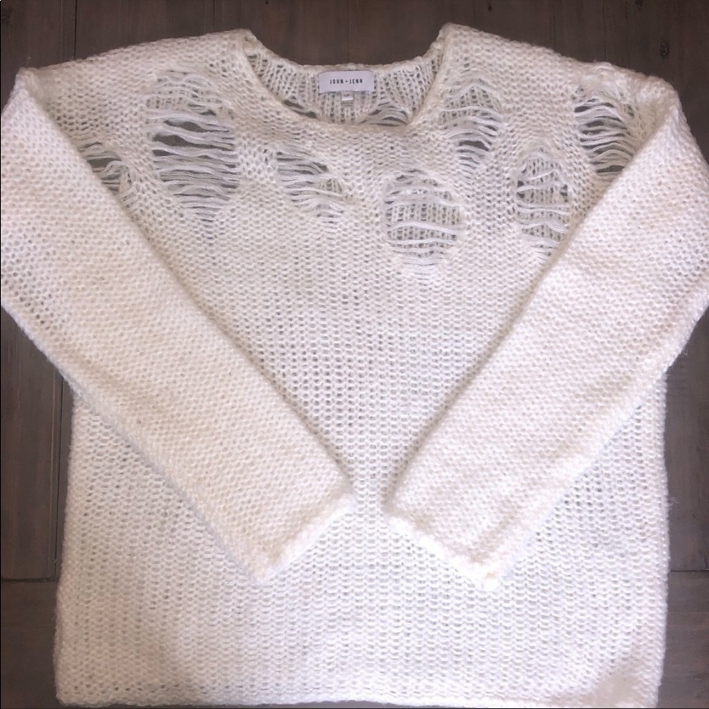 John + Jenn - Ivory Distressed Crew Neck Sweater - S